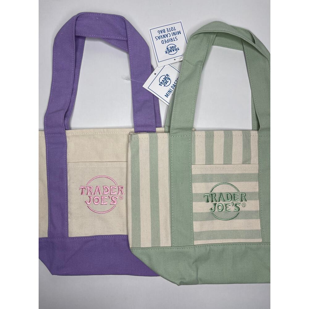 Set of 2 — Trader Joe’s Canvas MINI Tote Bags — PASTEL PURPLE + GREEN STRIPE NWT